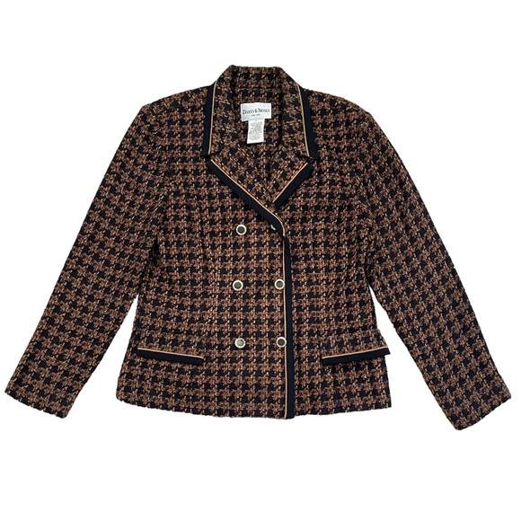 Vintage | Brown and Gold Tweed Double Breasted Houndstooth Blazer - Picture 2 of 13